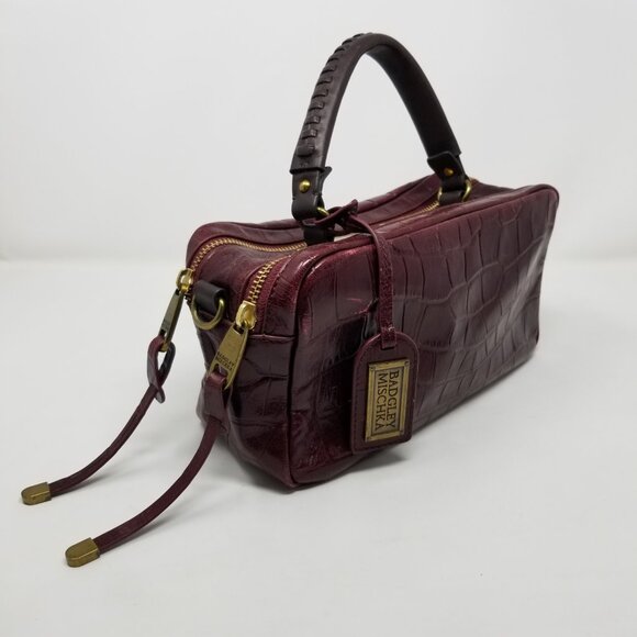 Badgley Mischka Dark Burgundy Red Faux Croc Embossed Leather & Brown Handbag - Picture 5 of 16